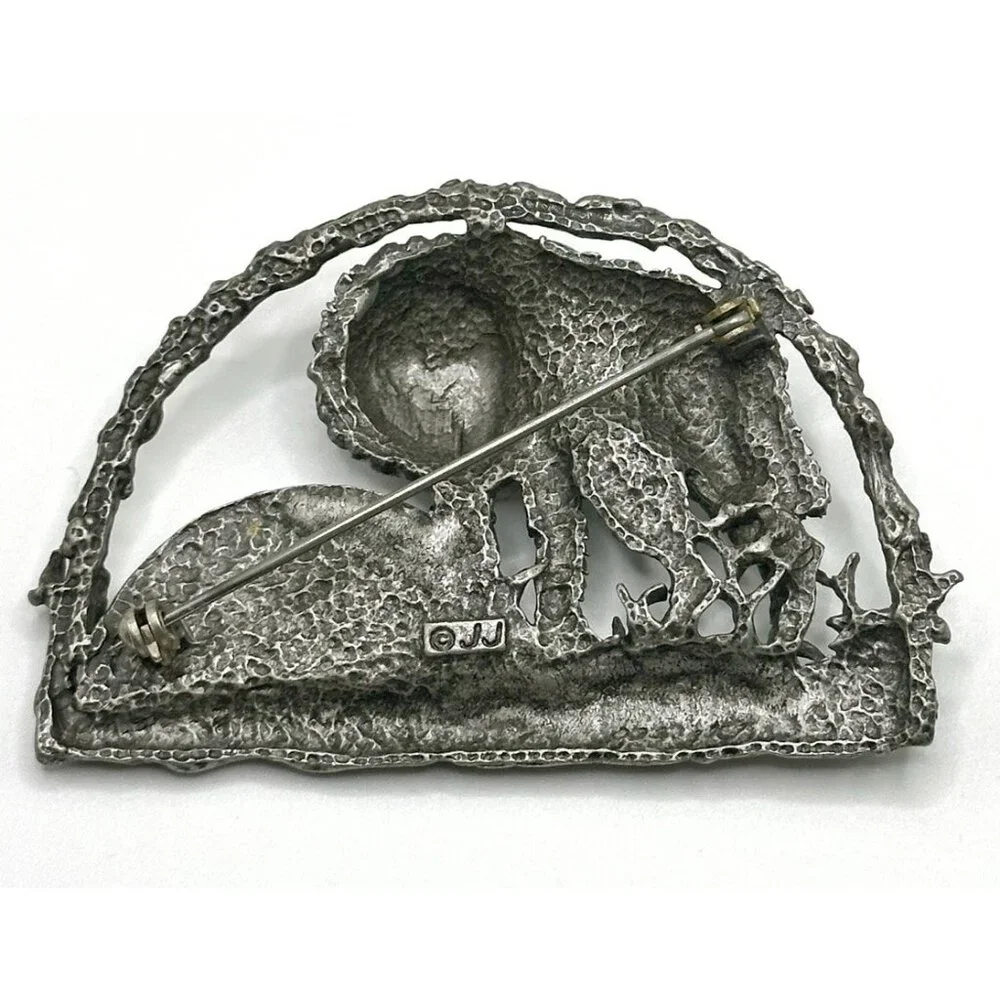 Vintage JJ Jonette 3D Wolf Pin‎ Brooch Wolves in Woods With Moon Metal